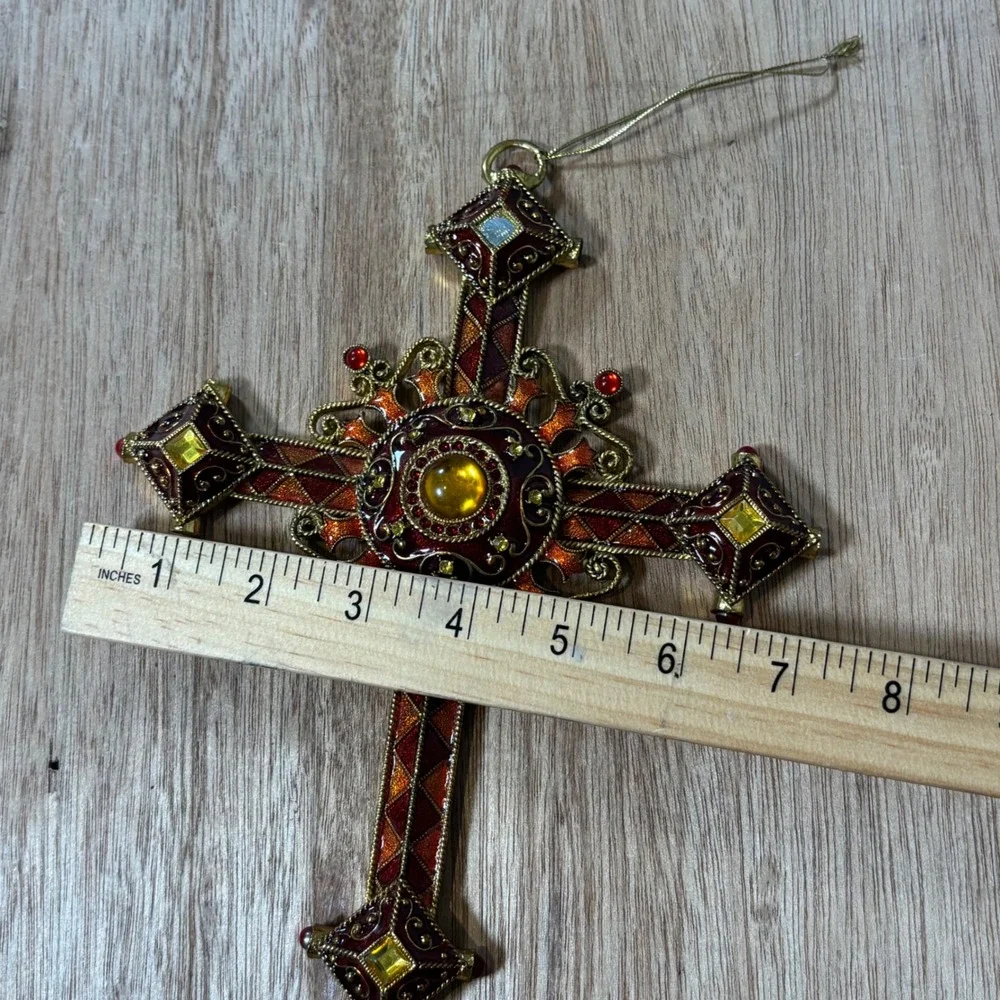 Vintage Jeweled Cross Christmas Ornament Gold Burgundy Enamel Religious Decor